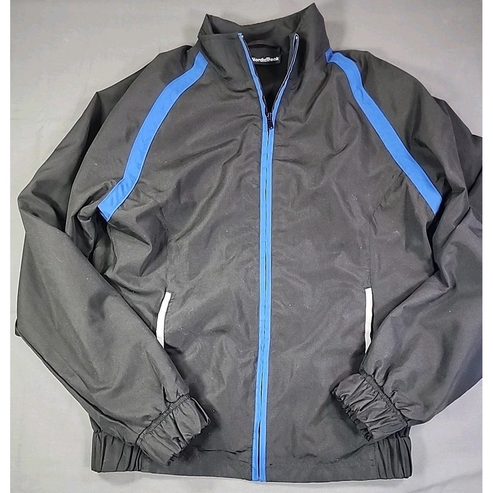 Nordic Track Ski Jacket Black Blue Stripe Full Zip Fleece Zip Pockets Clean‎  XL